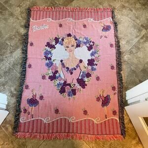 Vintage Barbie Ballerina Throw Blanket Fringe Woven Tapestry 43"x 60"